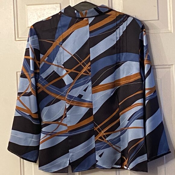 NWT i.e. Womens 100% Silk Blouse Shirt Sz 8 (M) 3/4 Sleeve Blue/Brown Abstract - Picture 6 of 11